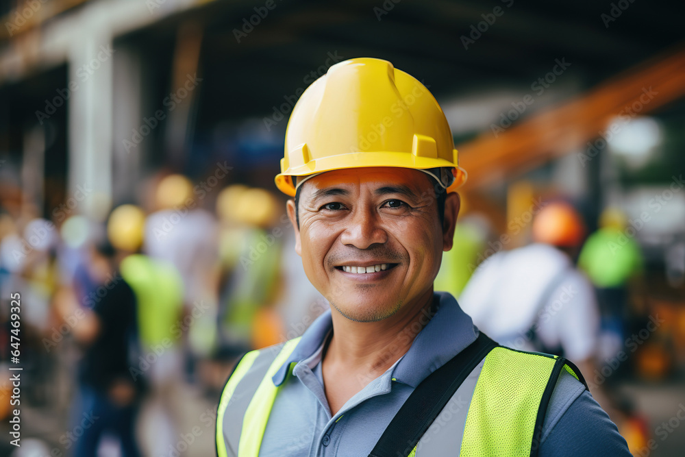 Middle aged Asian male builder worker in hard hat, man at work, construction site Middle aged Asian male builder worker in hard hat, man at work, construction site