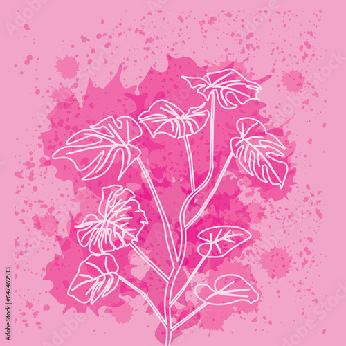 White linear illustration of Monstera with pink spots and dots. Month of Pink October. Adam's Ribs leaf. Vectors isolated on pink background.
