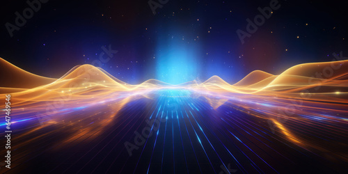 Abstract background with gold and blue glowing neon moving high speed line and wave and bokeh lights horizontal to vertical. Data transfer concept, reflect on the floor.