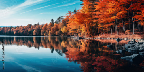 Autumn landscape. Fiery shades of autumn foliage and the cool deep blue of the lake.