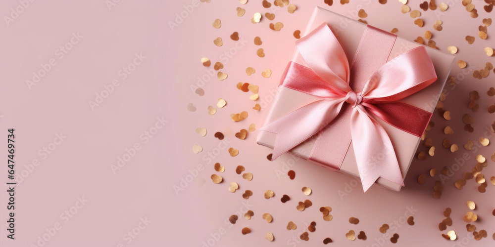 Gift box with satin ribbon bow on pale colorful background. Holiday gift with copy space. many golden confetti . Birthday or Christmas present, flat lay, top view Gift box with satin ribbon bow on pale colorful background. Holiday gift with copy space. many golden confetti . Birthday or Christmas present, flat lay, top view