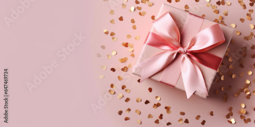 Gift box with satin ribbon bow on pale colorful background. Holiday gift with copy space. many golden confetti . Birthday or Christmas present  flat lay  top view