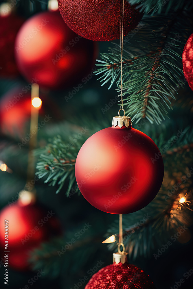 Christmas red baubles on Cristmas tree branches. Abstract holiday background Christmas red baubles on Cristmas tree branches. Abstract holiday background