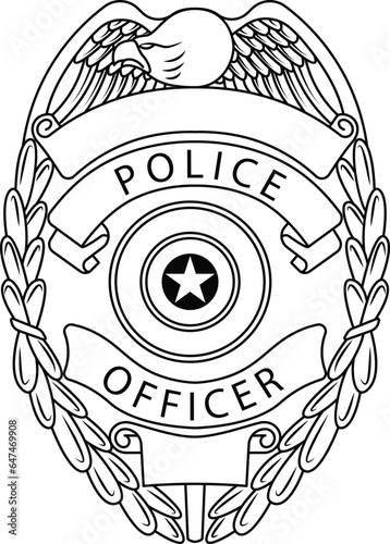 Police badge isolated. Police officer badge with eagle, star, banner and reeds.Law enforcement badge.
