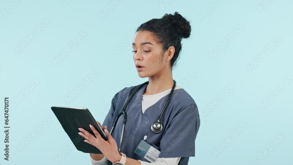 Doctor, woman thinking and tablet for healthcare solution, data analysis and results for online medical service in studio. Nurse or student on digital idea or advice in telehealth on blue background Doctor, woman thinking and tablet for healthcare solution, data analysis and results for online medical service in studio. Nurse or student on digital idea or advice in telehealth on blue background