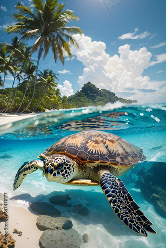 Flat earth on a sea turtle’s back, sea turtle is crawling out of the ocean onto a tropical beach