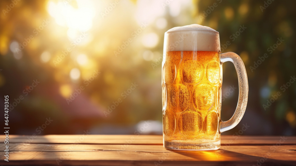 Beer mug on a wooden table blur sunny background