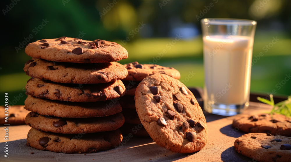 Chocolate chip cookies with milk, blurred bokeh background. Morning summer light Chocolate chip cookies with milk, blurred bokeh background. Morning summer light
