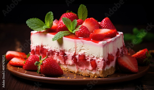 Close up strawberry cheesecake on dark background