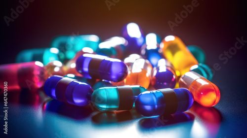 Colorful neon pills and capsules on dark background