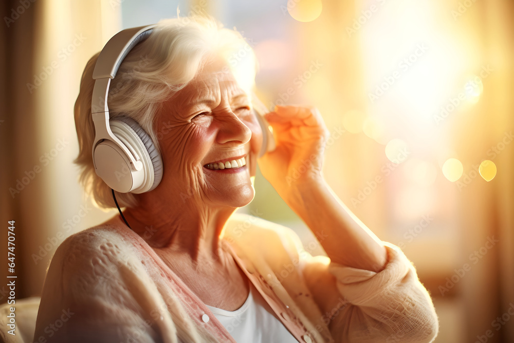 ヘッドフォンで音楽を聴くおばあちゃん