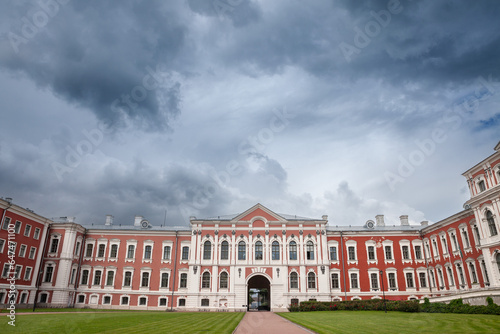 Main facade of the Jelgava Palace, also called Mittau Castle or Jelgavas Pils, a major baroque castle converted into a University of Agriculture in Jelgava, Latvia.