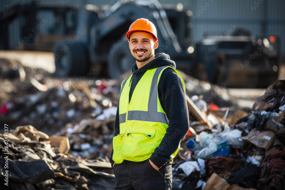 Recycling center worker posing in front of a pile of scrap Recycling center worker posing in front of a pile of scrap