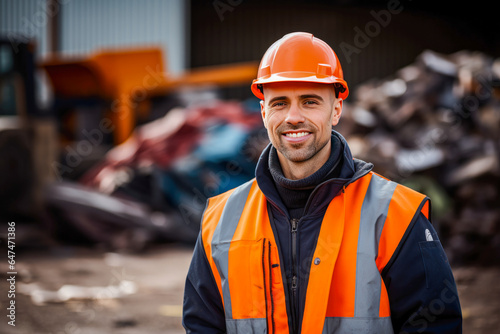 Recycling center worker posing in front of a pile of scrap