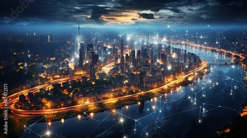 Big data connection technology. Cityscape telecommunication and communication network concept. Smart city and digital transformation.