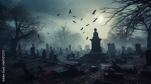 Spooky Graveyard with Cross Statue and Crows photo