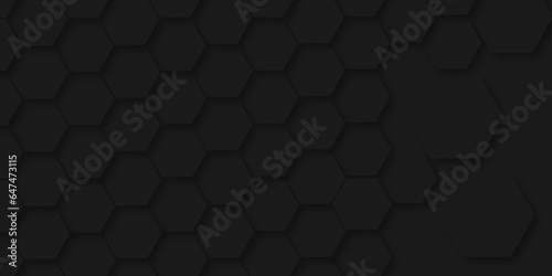 Background of abstract black 3d hexagon background design a dark honeycomb grid pattern. Abstract octagons dark 3d background.Black geometric background for design. 