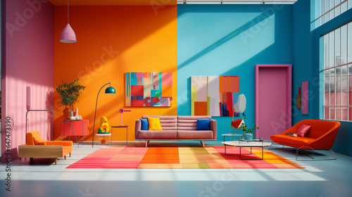 Vibrant interior design. Trendy living room with couch. Blue, pink and pastel colors.