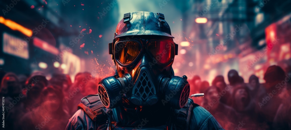 Gas mask scientist protest for climate change at city street. Generative AI technology.