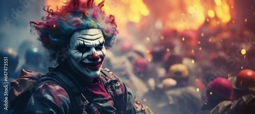Clown smile at chaos street protest. Generative AI technology.