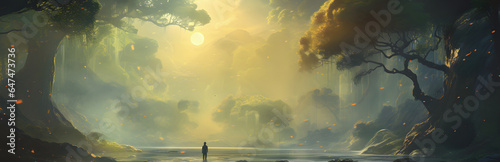 An ethereal wide-format depiction of a great expansive place shrouded in fog and clouds with a figure off in the distance