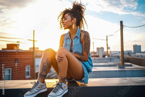 Photo of a young african american female millennial on a rooftop, showcasing her tattoos and wearing denim cutoff shorts. With trendy style and urban vibe reflect a carefree and confident spirit photo