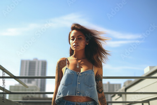 Photo of a young female millennial on a rooftop  showcasing her tattoos and wearing denim cutoff shorts. With trendy style and urban vibe reflect a carefree and confident spirit