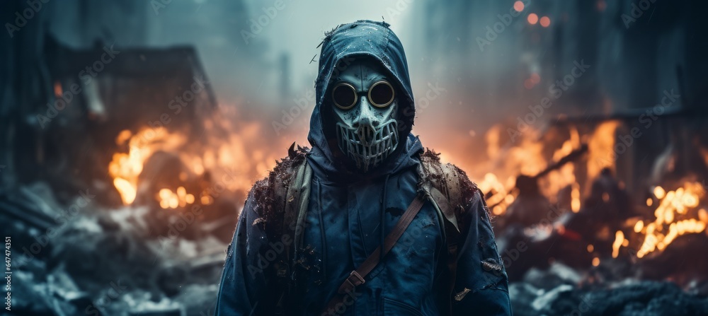 Horror masked person with chaos street background. Generative AI technology. Horror masked person with chaos street background. Generative AI technology.