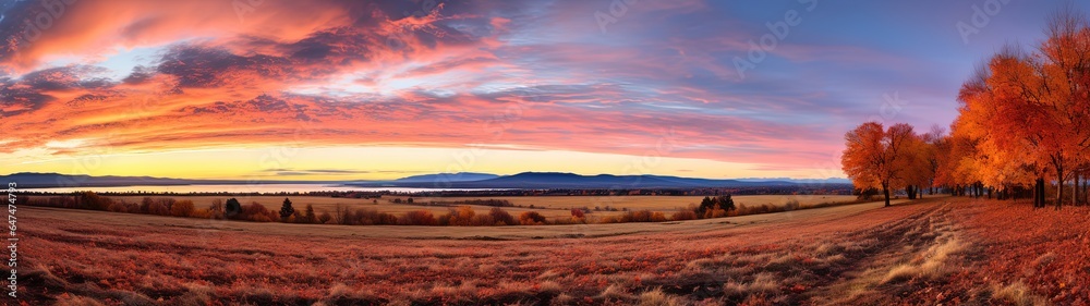 Twilight's Embrace in the Autumn Field: A Vivid Display of Colors and Shadows, Panorama
