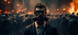 Masked scientist join street protest. Generative AI technology.
