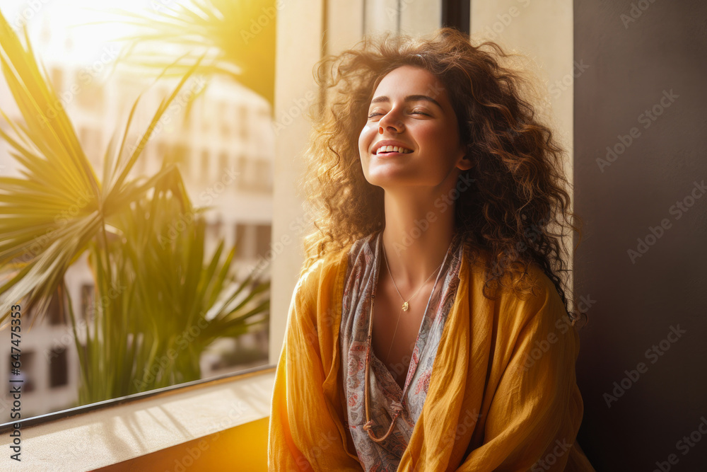 Φωτογραφία Young woman relishing a moment of peace and reflection on her balcony, emanating