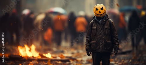 Pumpkin head person at street protest. Generative AI technology. 