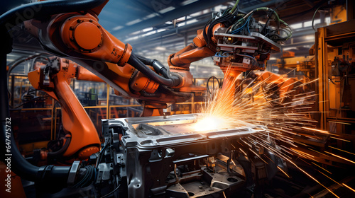 Welding robots in the automobile manufacturing industry at an industrial factory.