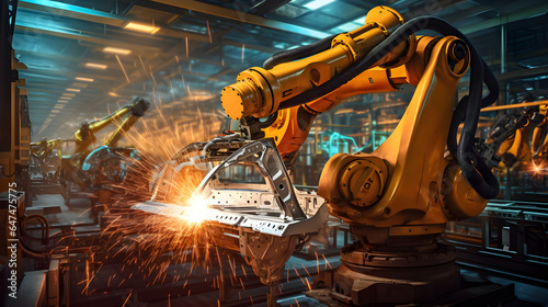 Welding robots in the automobile manufacturing industry at an industrial factory.