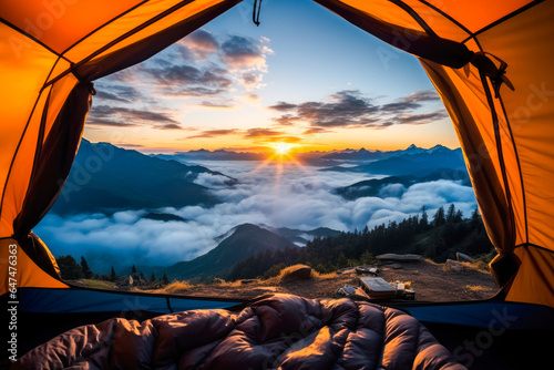 Beautiful view of serene mountain landscape from inside a tent, stunning sunrise, nobody