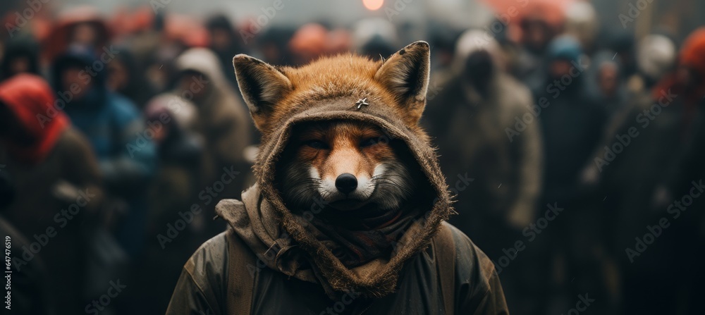 Hooded fox at street protest. Generative AI technology.