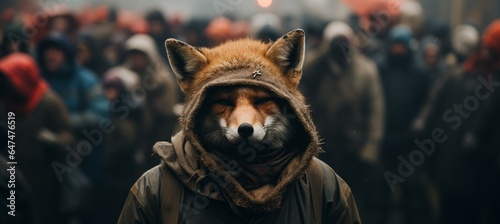 Hooded fox at street protest. Generative AI technology.
