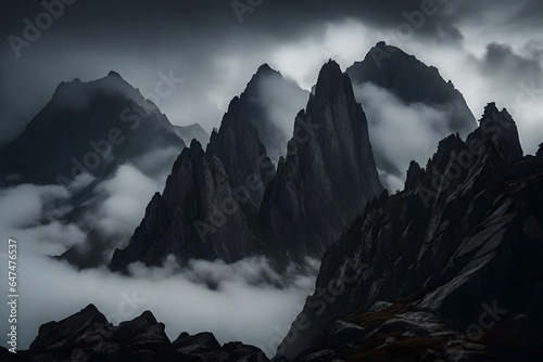 Dark atmospheric surreal landscape with dark rocky mountain top in low clouds in gray cloudy sky. Gray low cloud on high pinnacle. High black rock with snow in low clouds. Surrealist gloomy mountains