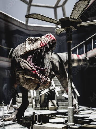Fototapeta Naklejka Na Ścianę i Meble -  T-Rex dinosaur inside an abandoned building. 3D illustration rendering