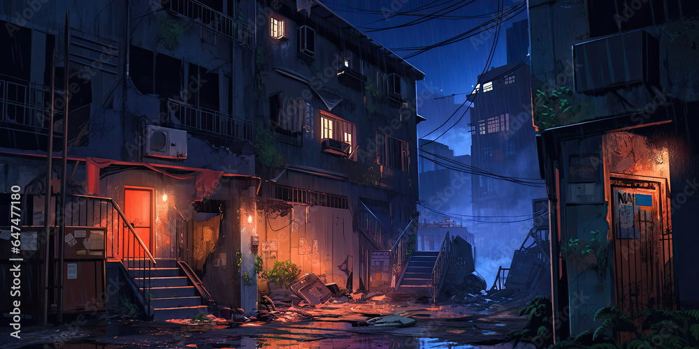 Anime abandoned urban cityscape streets dark night background, generated AI