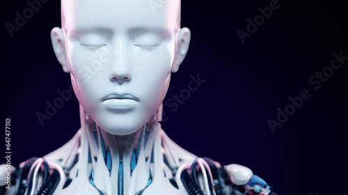 Portrait of a Humanoid Android Robot · Merging of Human Intelligence with Artificial Intelligence · Modern Business Background Render