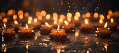 Candles prayer floating on water. Religious faith concept. Generative AI. 