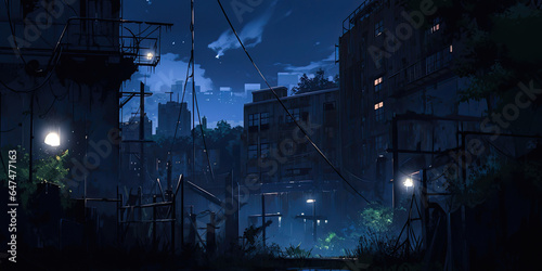 Anime abandoned urban cityscape streets dark night background, generated AI © dan