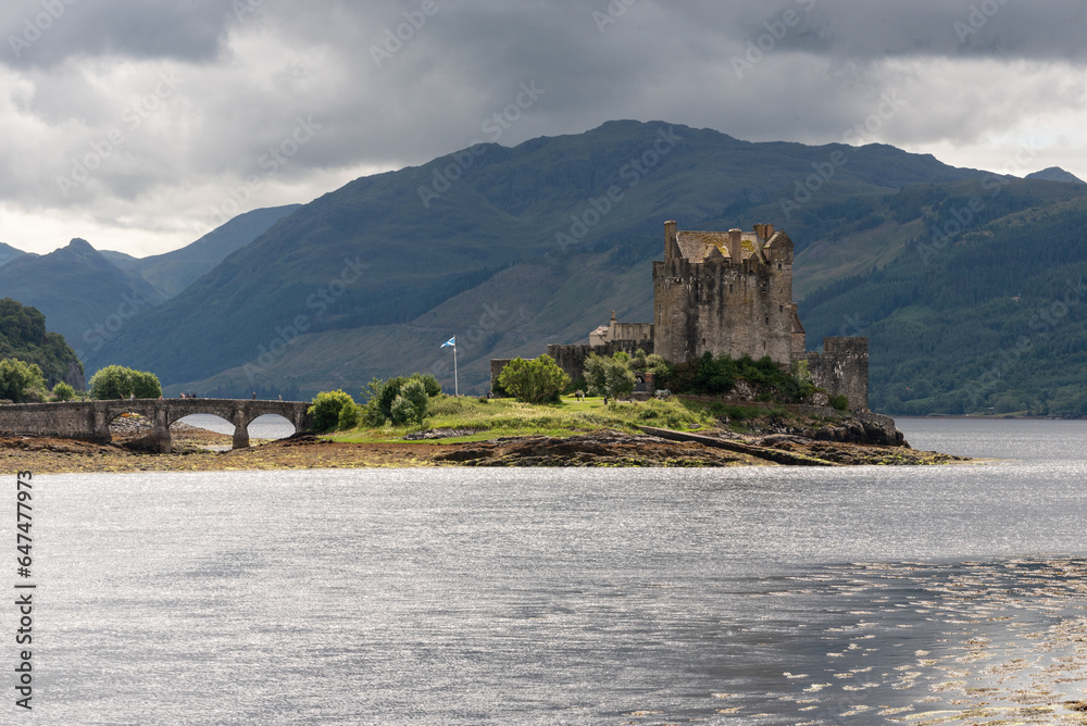 Eilean Donan Castle at the confluence of Loch Duich, Loch Long, and Loch Alsh in the Highlands of Scotland.