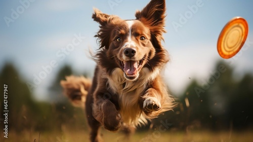 Euphoric expression of a dog catching a frisbee mid-air 