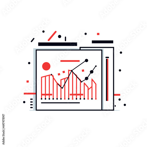 Financial report vector icon in minimalistic, black and red line work, japan web