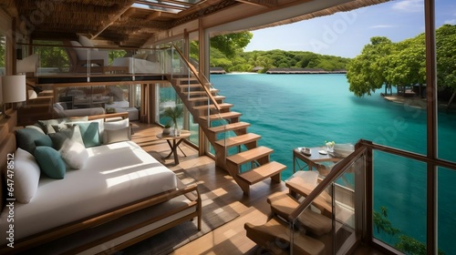 Overwater bungalows with glass floors revealing marine life below 