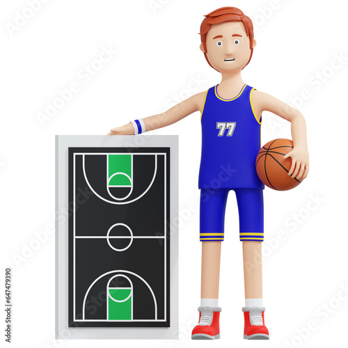 basketball player holding strategy board and ball 3d cartoon illustration