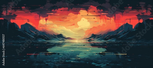 Mountain sunset landscape. Drawing illustration design. Generative AI technology.