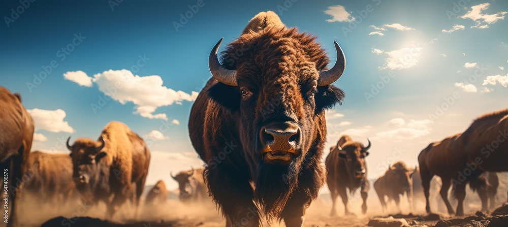 Naklejka premium Bison or buffalo herd at field. Generative AI technology.
